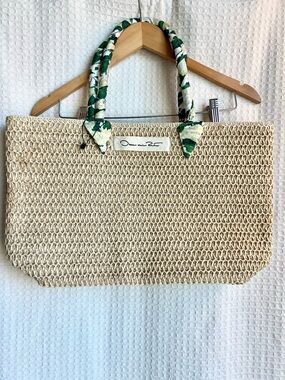 Oscar de la Renta Natural Straw Tote with Green Floral-Wrapped Handles